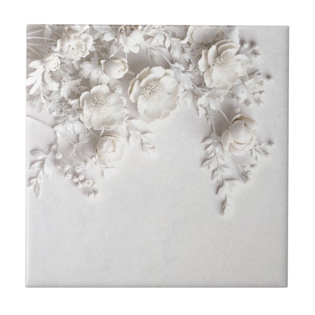 Elegant White Faux Relief Roses Ceramic Tile (Front)