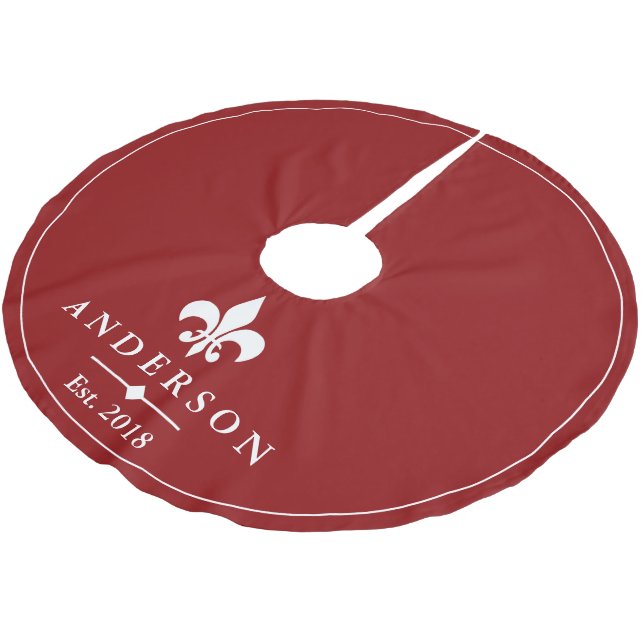 Elegant White Fleur de Lis & Red | Personalized Brushed Polyester Tree Skirt (Angled)