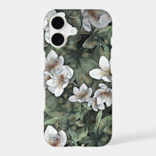 Elegant White Flora on Moody Greenery iPhone 17 Case