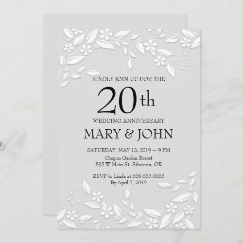 Elegant White Floral 20th Anniversary Invite