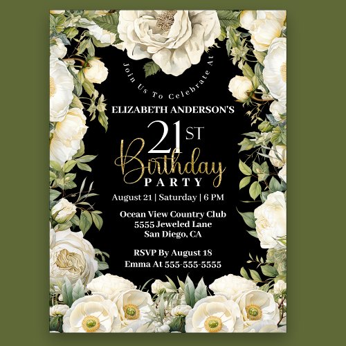 Elegant White Floral 21st Birthday Invitation