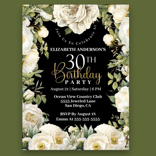 Elegant White Floral 30th Birthday Invitation