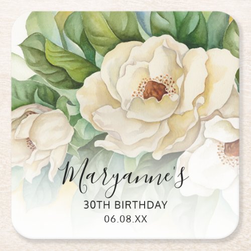 Elegant White Floral 30th Birthday Name Script Square Paper Coaster