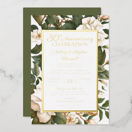 Elegant White Floral 30th Wedding Anniversary Foil Invitation