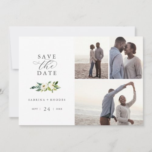 Elegant White Floral 3 Photo Collage Save The Date
