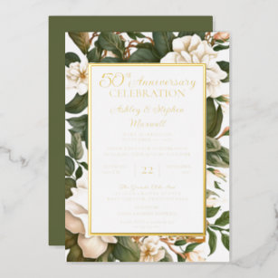 Elegant White Floral 50th Wedding Anniversary Foil Invitation