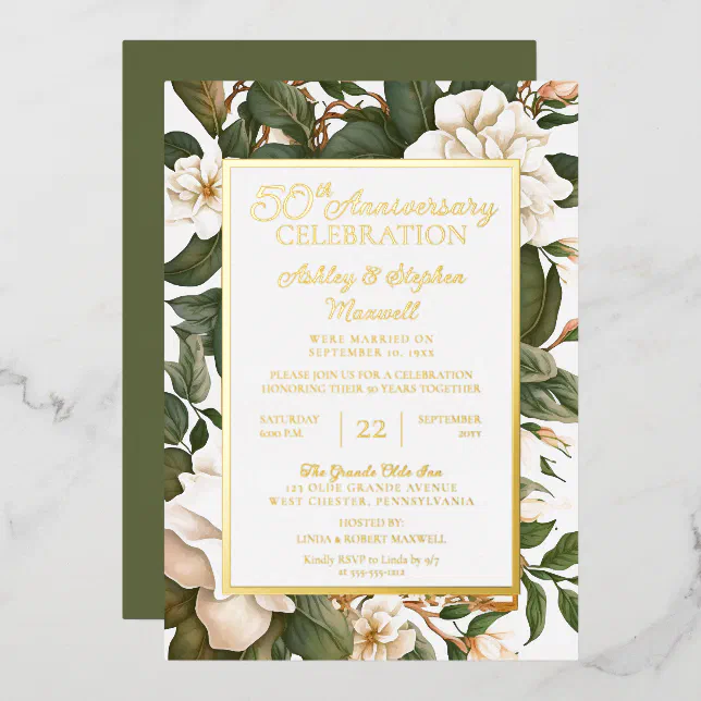 Elegant White Floral 50th Wedding Anniversary Foil Invitation | Zazzle