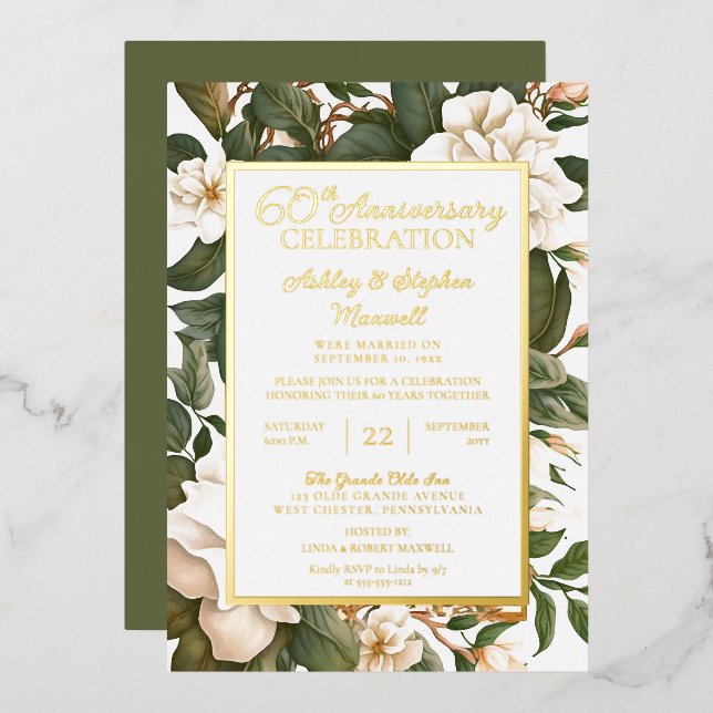 Elegant White Floral 60th Wedding Anniversary Foil Invitation (Front/Back)