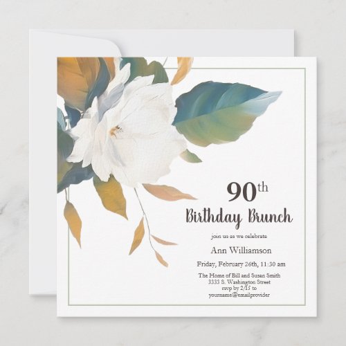 Elegant White Floral 90th Birthday Party Invitation