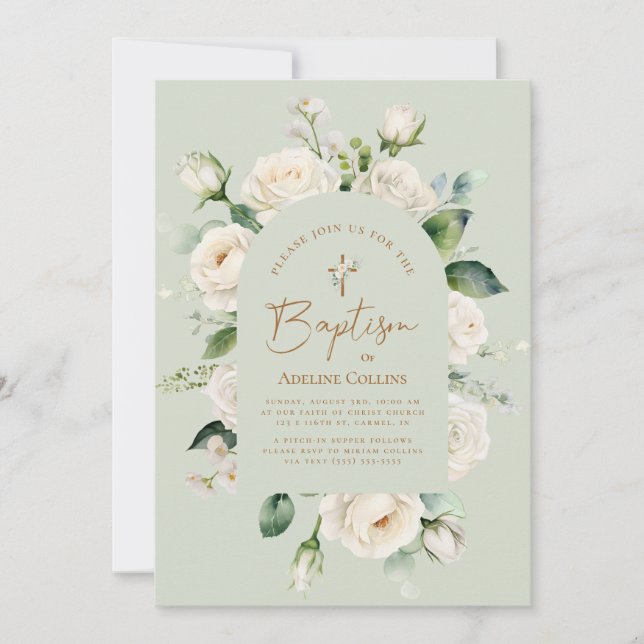 Elegant White Floral Aged Sage Baptism Invitation (Front)