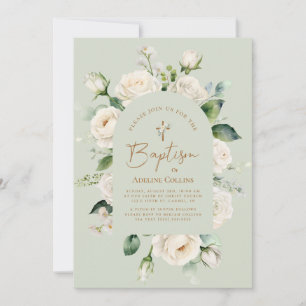 Elegant White Floral Aged Sage Baptism Invitation