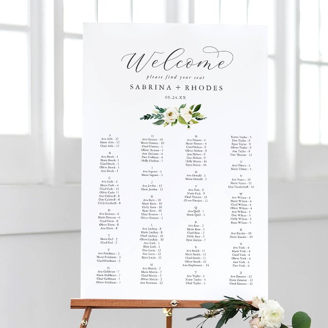 Elegant White Floral Alphabetical Seating Chart Foam Board (Creator Uploaded)