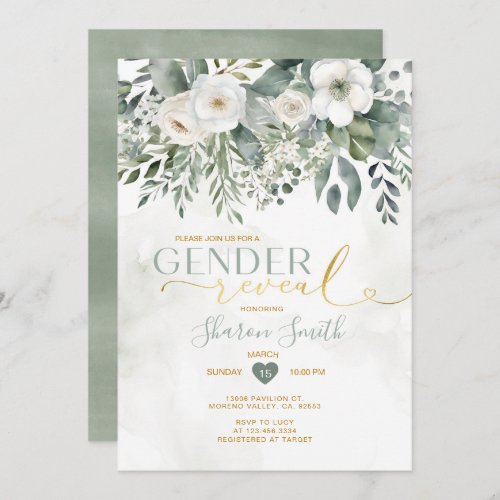 Elegant White Floral And Eucalyptus Gender Reveal Invitation