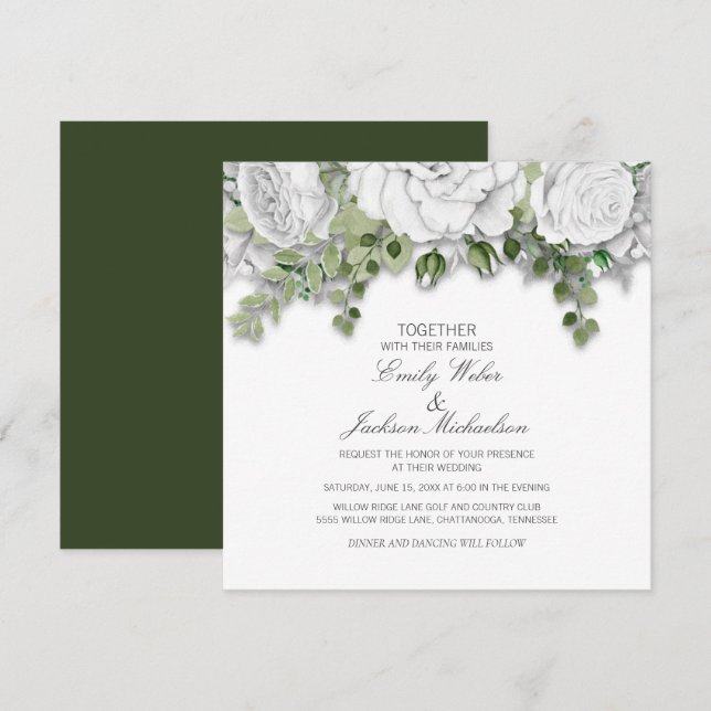Elegant White Floral and Green Wedding Invitation (Front/Back)