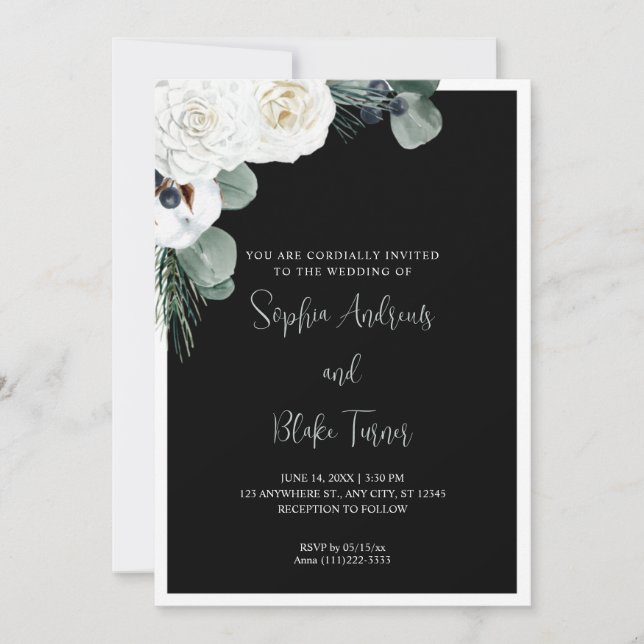 Elegant White Floral and Greenery Black Wedding Invitation (Front)
