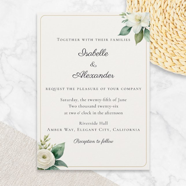 Elegant White Floral and Greenery Faux Gold Invitation (An elegant wedding invitation in classic ivory with custom text and white flowers)