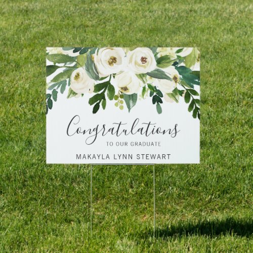 Elegant White Floral and Greenery Graduation Sign