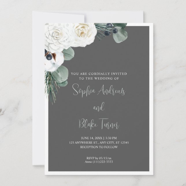 Elegant White Floral and Greenery Gray Wedding Invitation (Front)
