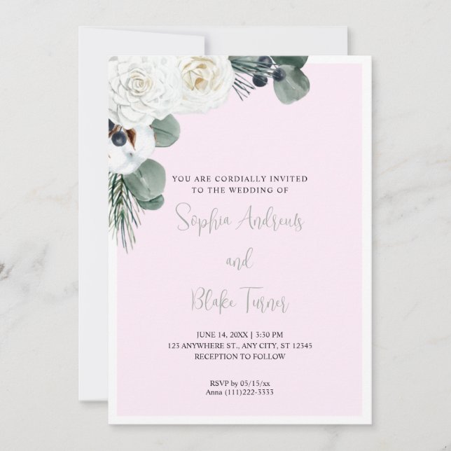 Elegant White Floral and Greenery Pink Wedding Invitation (Front)