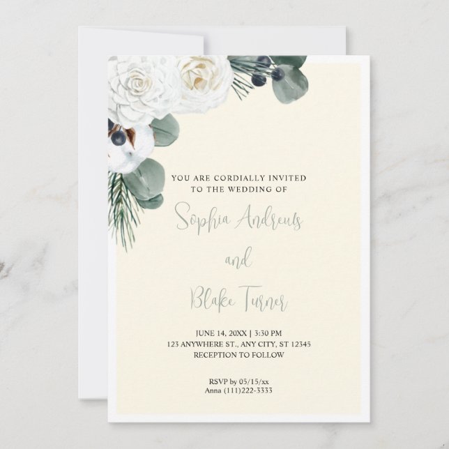 Elegant White Floral and Greenery Yellow Wedding Invitation (Front)