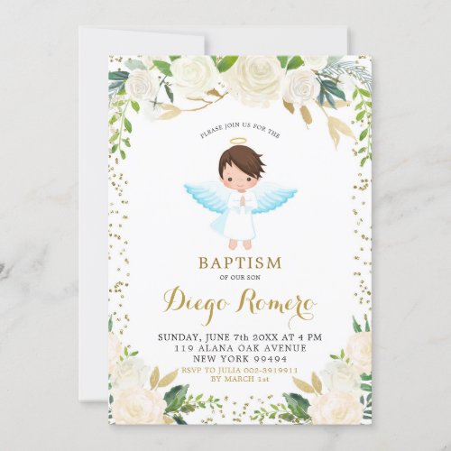 Elegant White Floral Angelic Boy Baptism Invitation