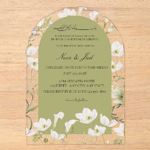 Elegant White Floral Arched Acrylic Islamic Nikkah Invitations