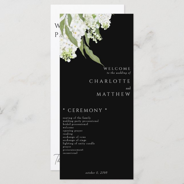 Elegant White Floral B/W Wedding Program (Front/Back)