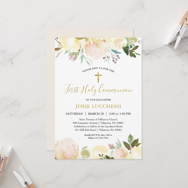 Elegant White Floral Baptism Communion Invitation (Front/Back In Situ)