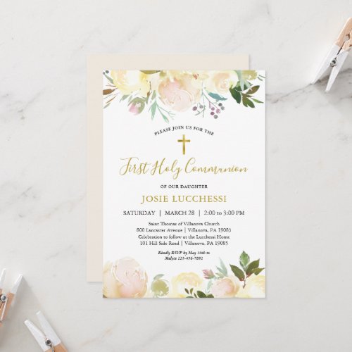 Elegant White Floral Baptism Communion Invitation