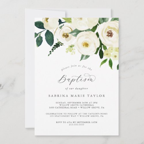 Elegant White Floral Baptism Invitation