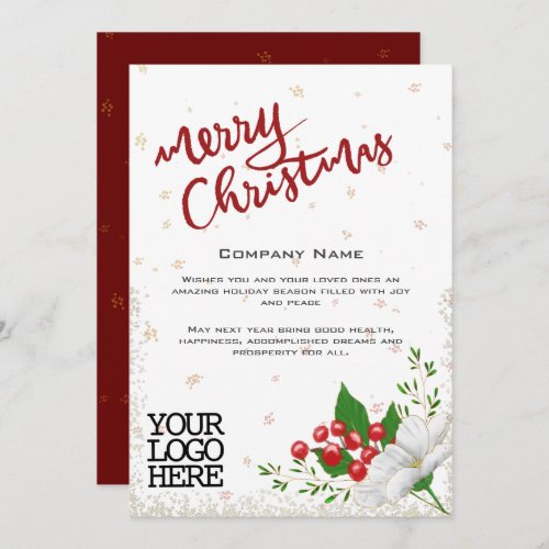 Elegant White Floral Berries Snow Merry Christmas Holiday Card
