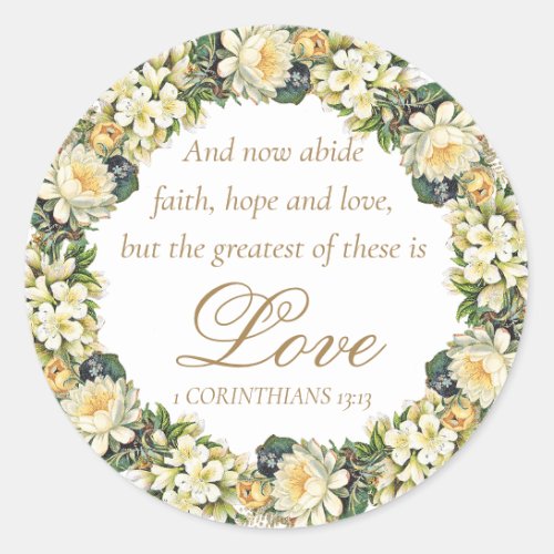 Elegant White Floral Bible Verse Christian Wedding Classic Round Sticker