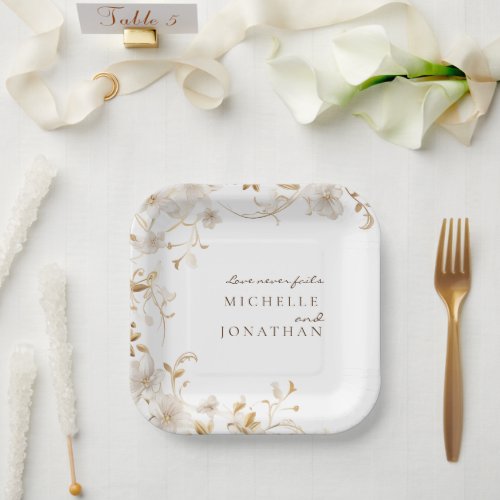 Elegant White Floral Bible Verse Modern Wedding Paper Plates