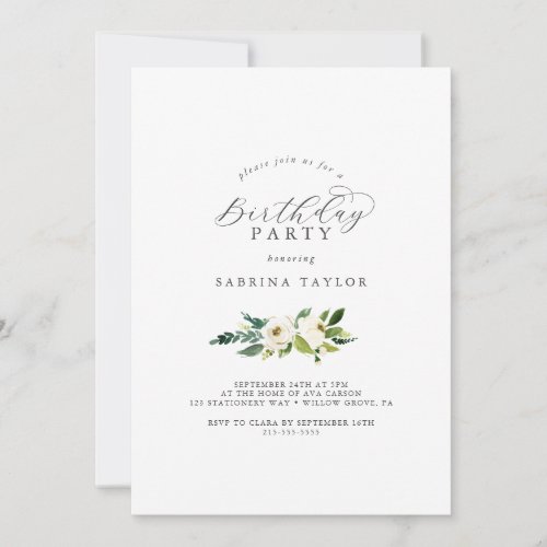 Elegant White Floral Birthday Party Invitation