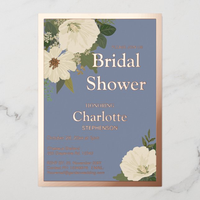 Elegant White Floral Blooms Bridal Shower Blue and Foil Invitation (Front)