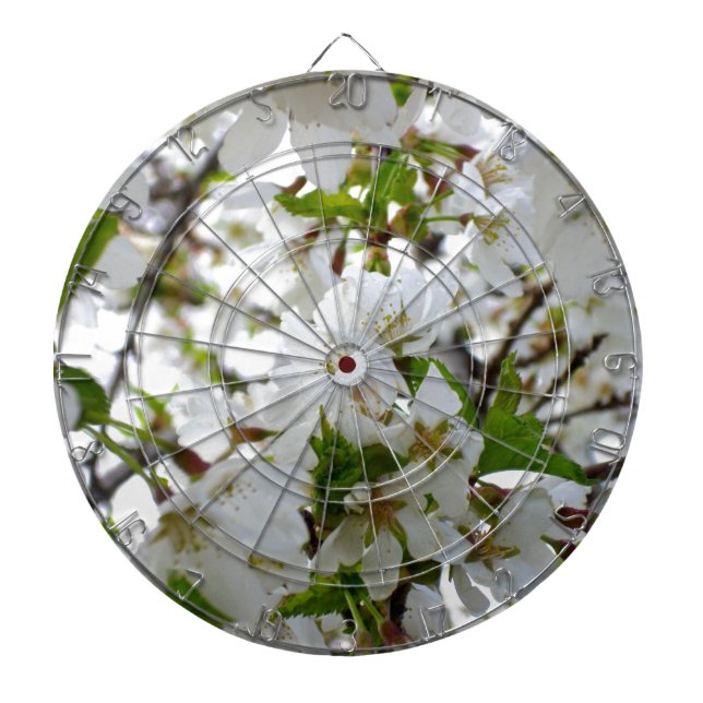 Elegant white floral blossom photo dartboard with darts (Front)