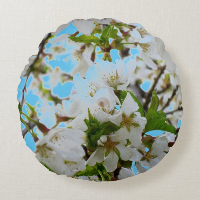 Elegant white floral blossom photo round pillow (Front)