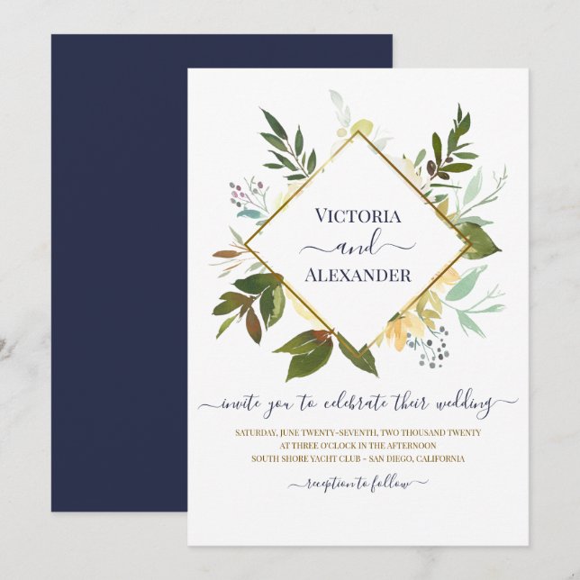 Elegant White Floral Blue Gold Foil Frame Wedding Invitation (Front/Back)