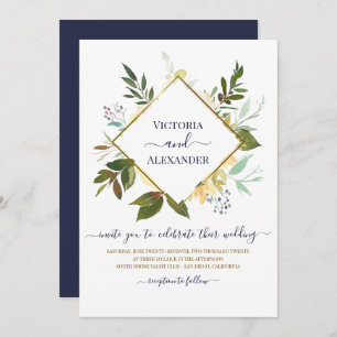 Elegant White Floral Blue Gold Foil Frame Wedding Invitation