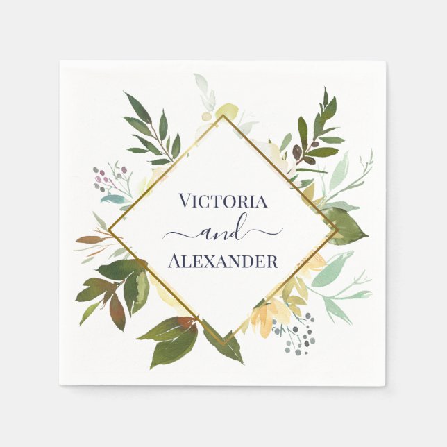 Elegant White Floral Blue Gold Foil Frame Wedding Napkins (Front)