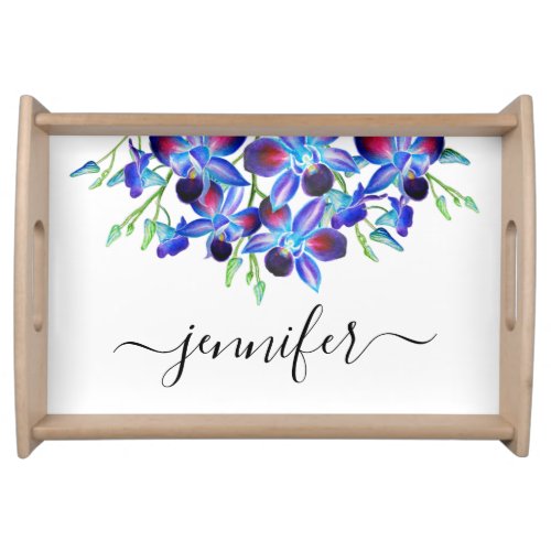 Elegant White Floral Blue Orchid Girly Name Script Serving Tray