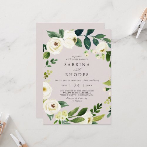 Elegant White Floral Blush Front and Back Wedding Invitation
