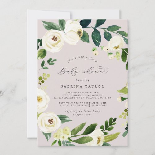 Elegant White Floral  Blush Mauve Baby Shower Invitation