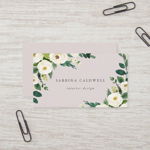 Elegant White Floral  Blush Mauve Business Card