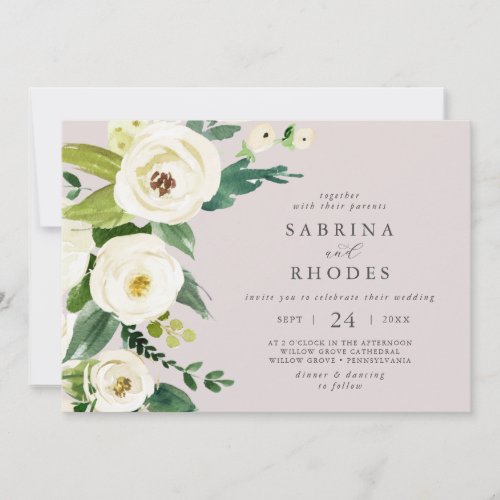 Elegant White Floral Blush Mauve Landscape Wedding Invitation