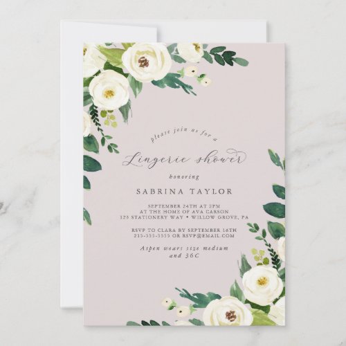 Elegant White Floral  Blush Mauve Lingerie Shower Invitation