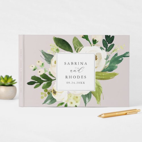 Elegant White Floral Blush Mauve Monogram Wedding Guest Book