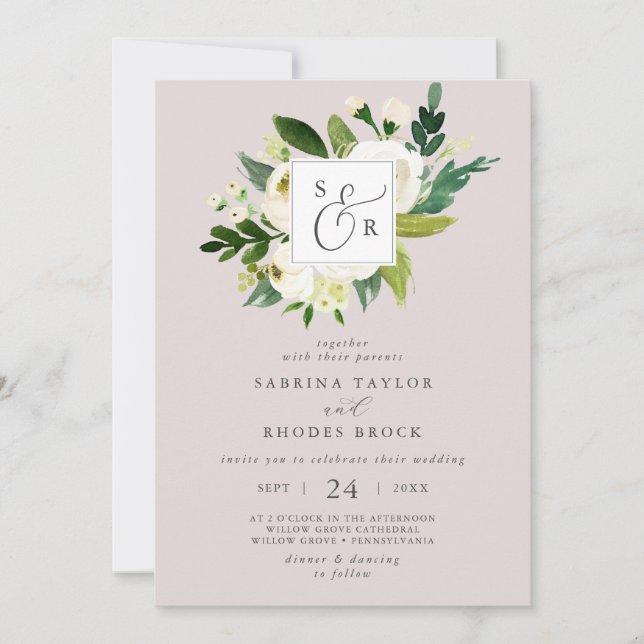 Elegant White Floral Blush Mauve Monogram Wedding Invitation (Front)
