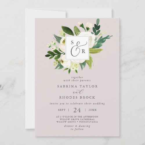 Elegant White Floral Blush Mauve Monogram Wedding Invitation