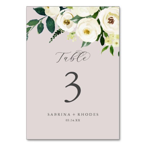 Elegant White Floral  Blush Mauve Table Number
